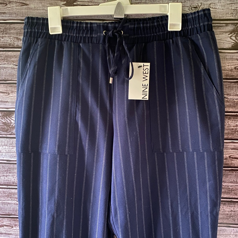 Nine West Women's Pull-On Jogger-Style Pants Sz L Long Blue Striped Pockets NWT